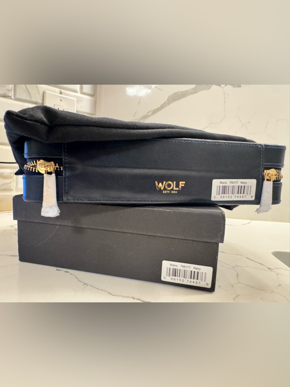 WOLF Navy Leather Jewelry Case with Gold Logo - Picture 5 of 6